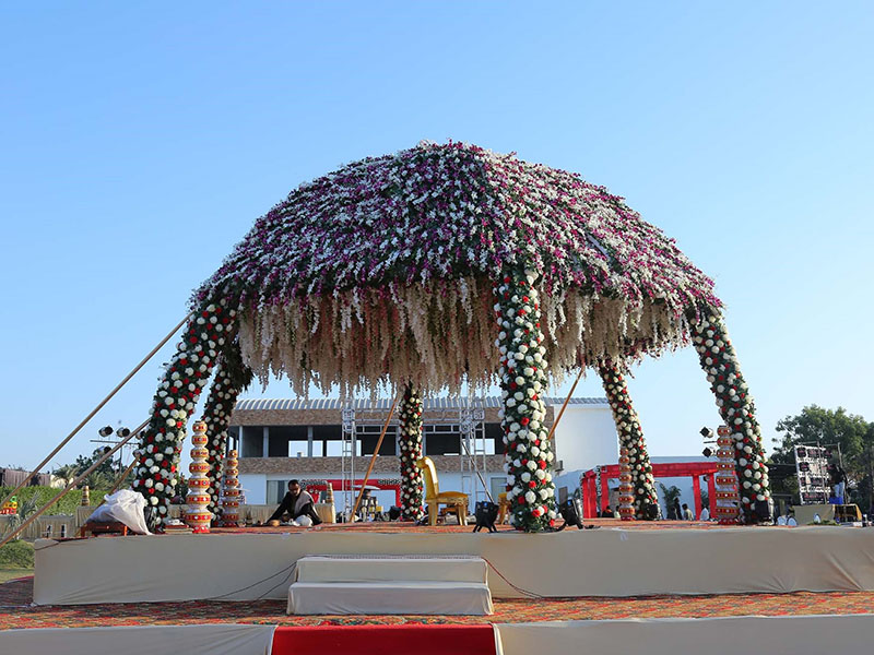 Bagaimana cara mendesain panggung pernikahan outdoor India yang dihias dengan bunga?
